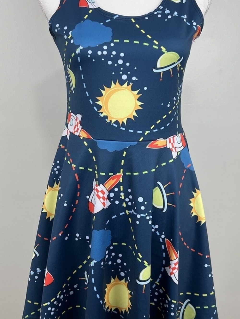 Cow Cow Space-Print Tank Dress with Yellow Sun and Blue Cloud Accents